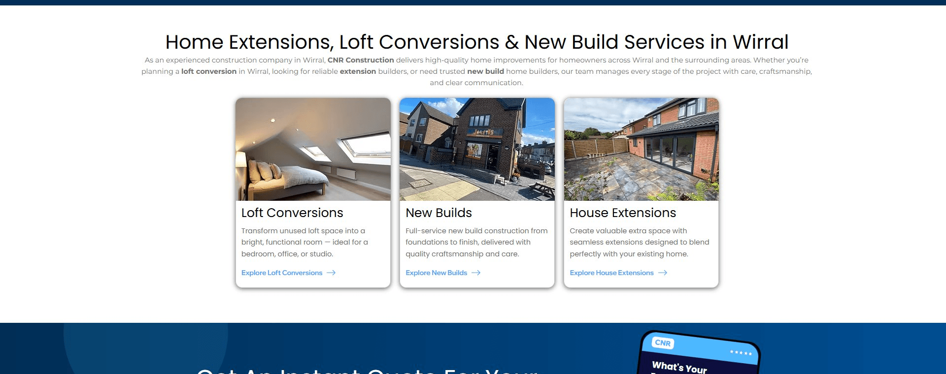 CNR Construction home extensions, loft conversions and new build services page in Wirral