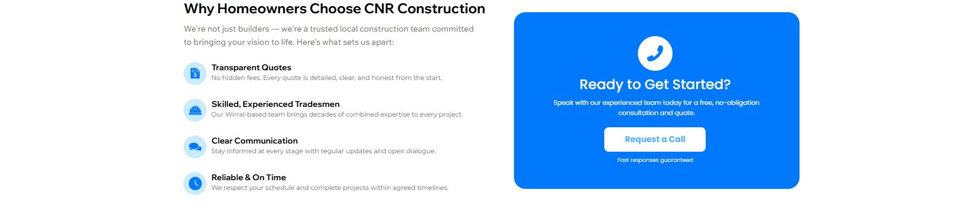 Why choose CNR Construction section highlighting trusted local builders in Wirral
