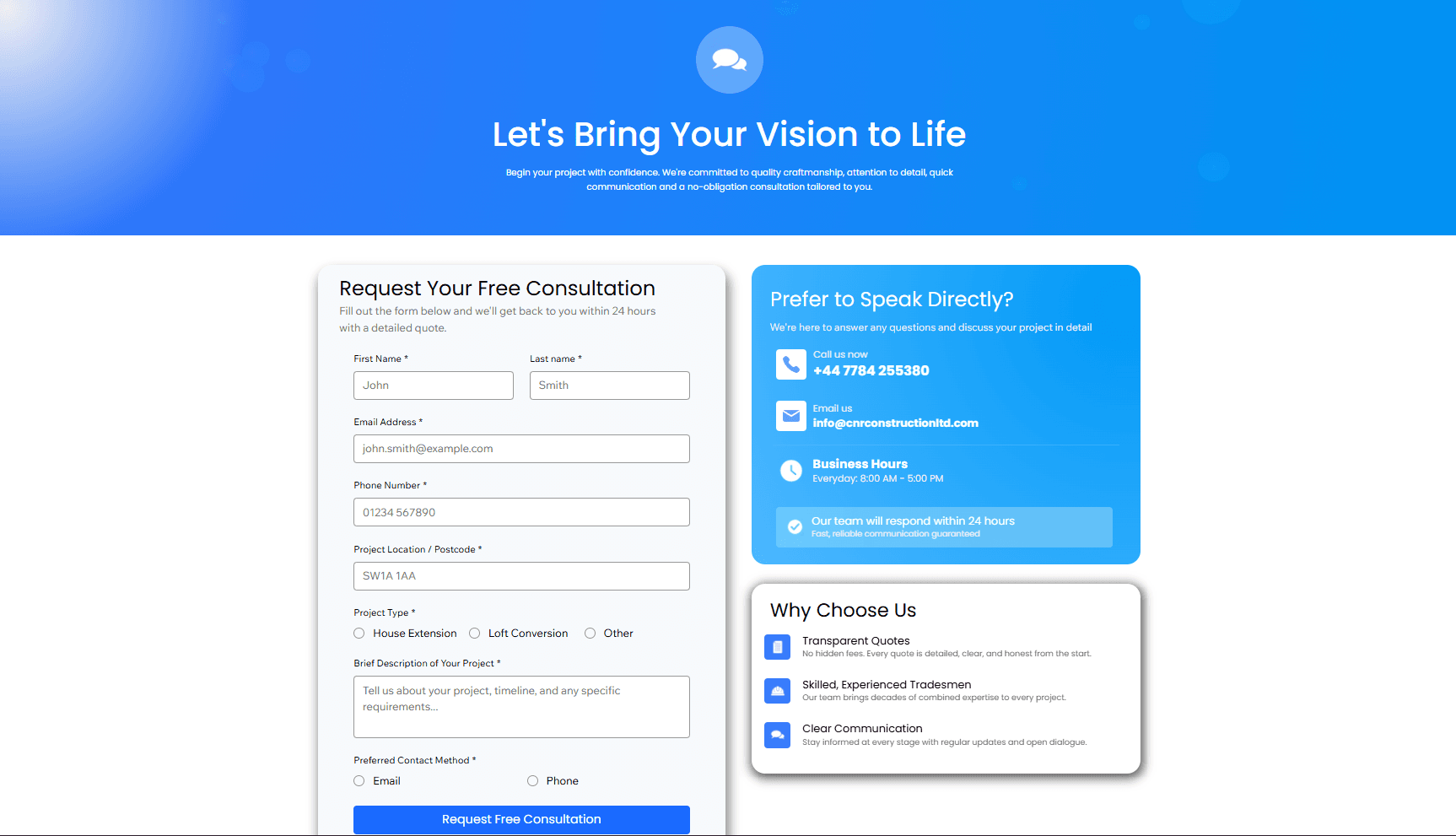 CNR Construction contact page for home extension and loft conversion enquiries in Wirral