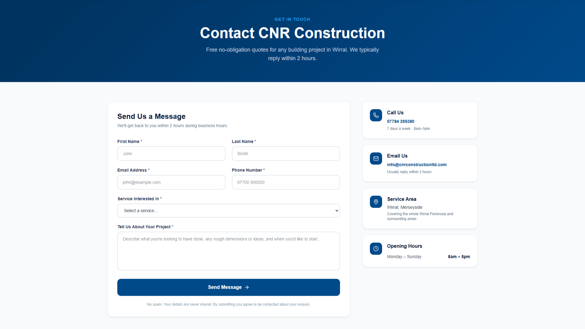 CNR Construction contact page for home extension and loft conversion enquiries in Wirral