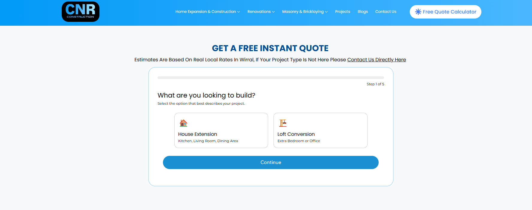 CNR Construction free instant quote calculator for house extensions and loft conversions