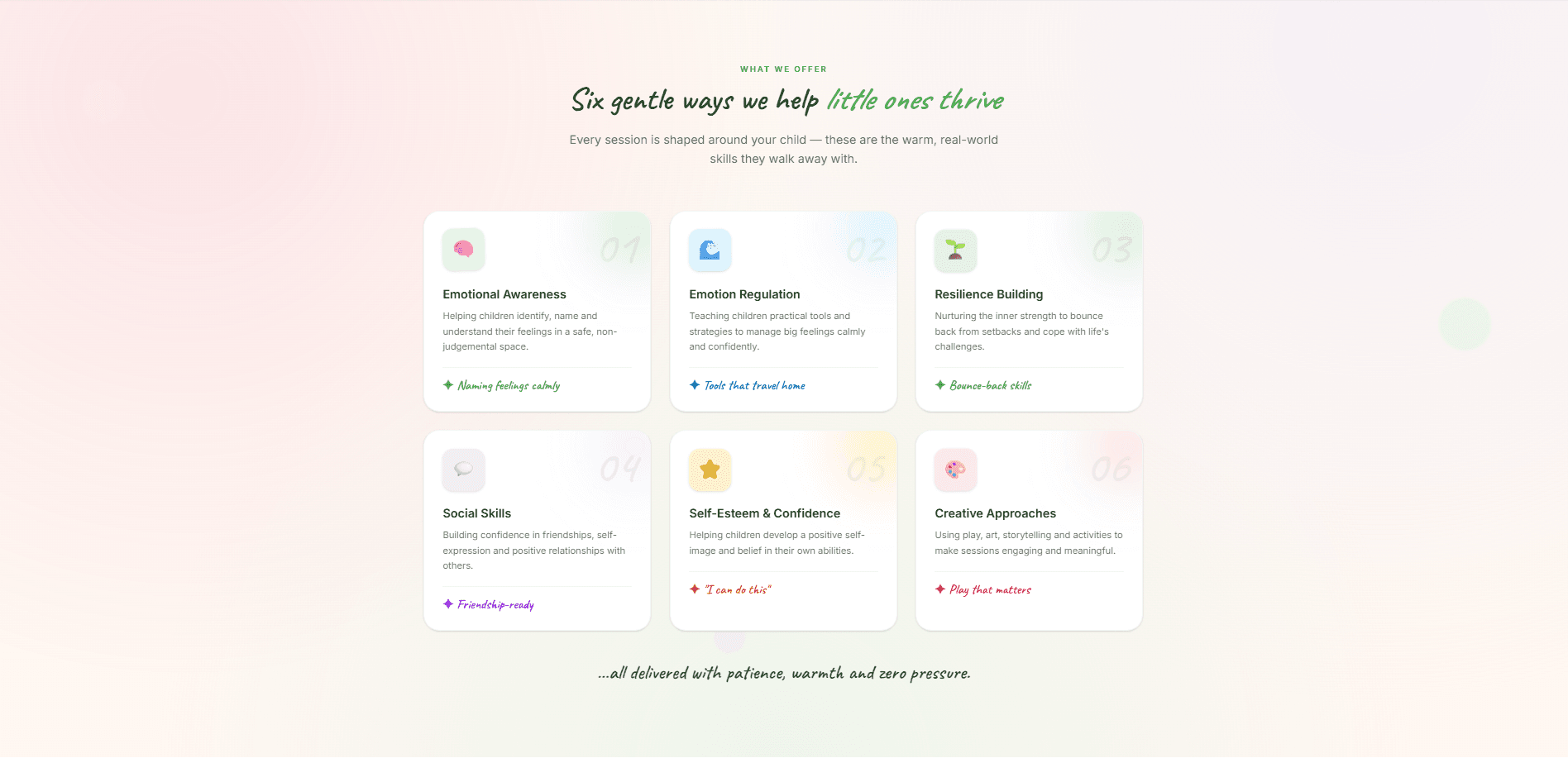 Little Roots Wellbeing — services section showing emotional support for children