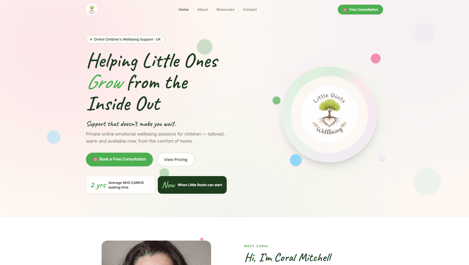 Little Roots Wellbeing homepage hero — children's emotional wellbeing support UK-wide