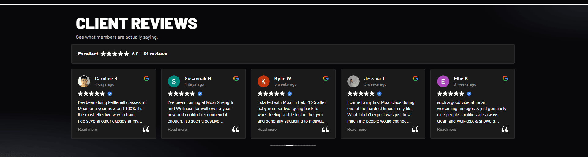 Moai Strength and Wellness coaching team page featuring kettlebell instructors