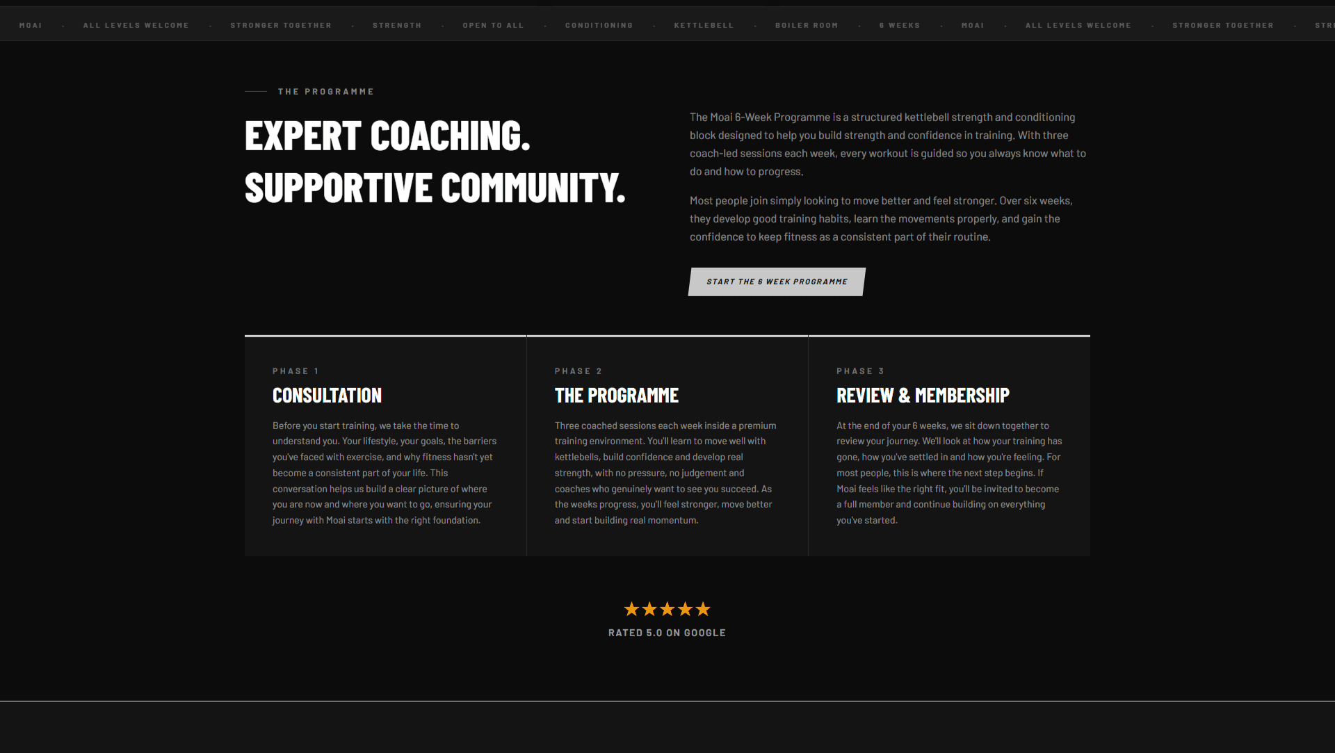 Moai Strength and Wellness homepage showing kettlebell gym hero section in Nottingham