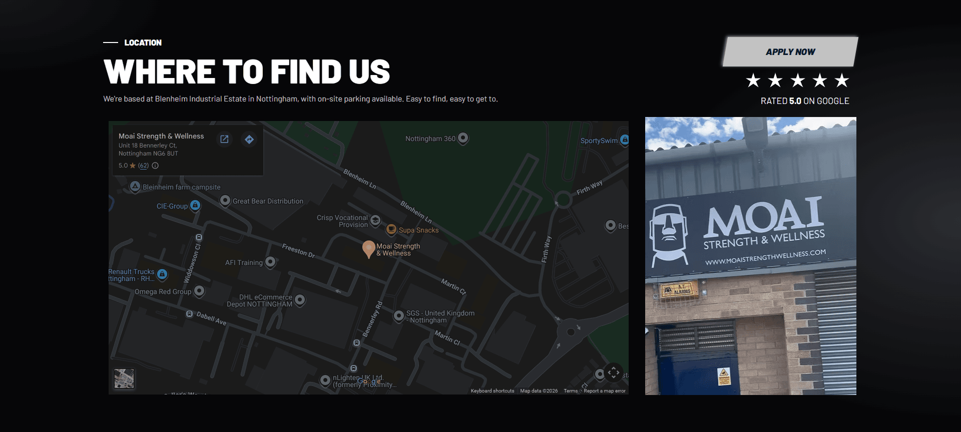 Moai Strength and Wellness location page showing gym address at Blenheim Industrial Estate Nottingham