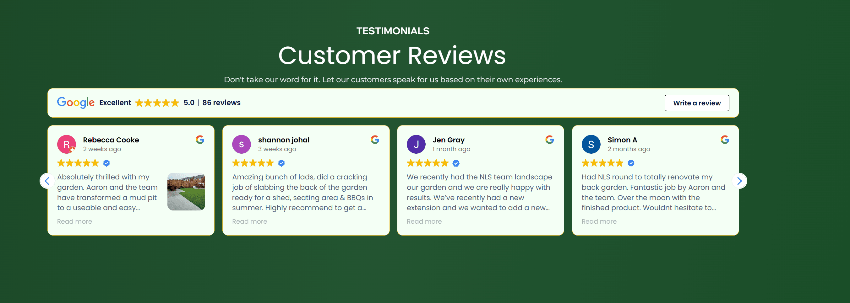 Customer reviews section on NLS Landscaping website showing Google review integration