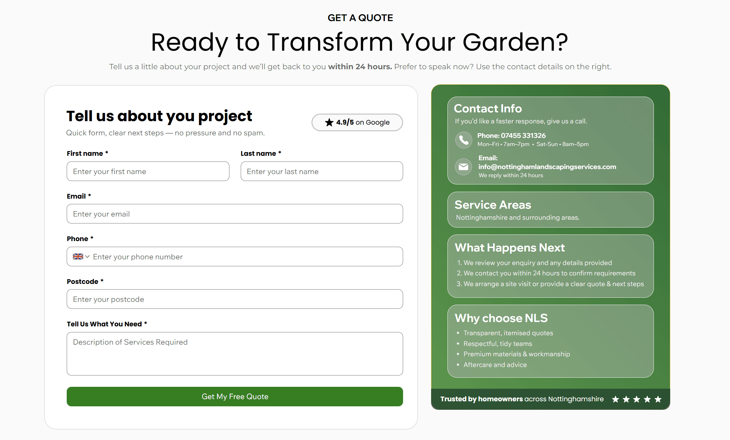 Lead generation enquiry form on NLS Nottinghamshire landscaping website