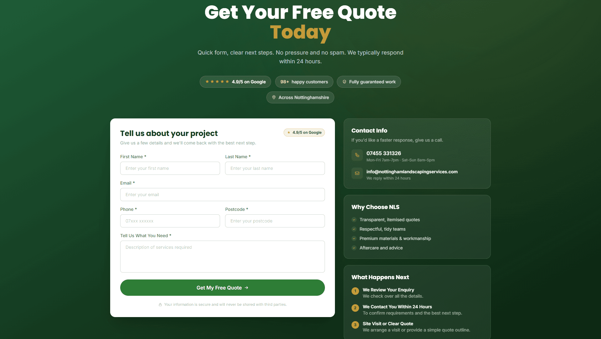 Contact and enquiry form page for NLS landscaping website built by WAT Websites