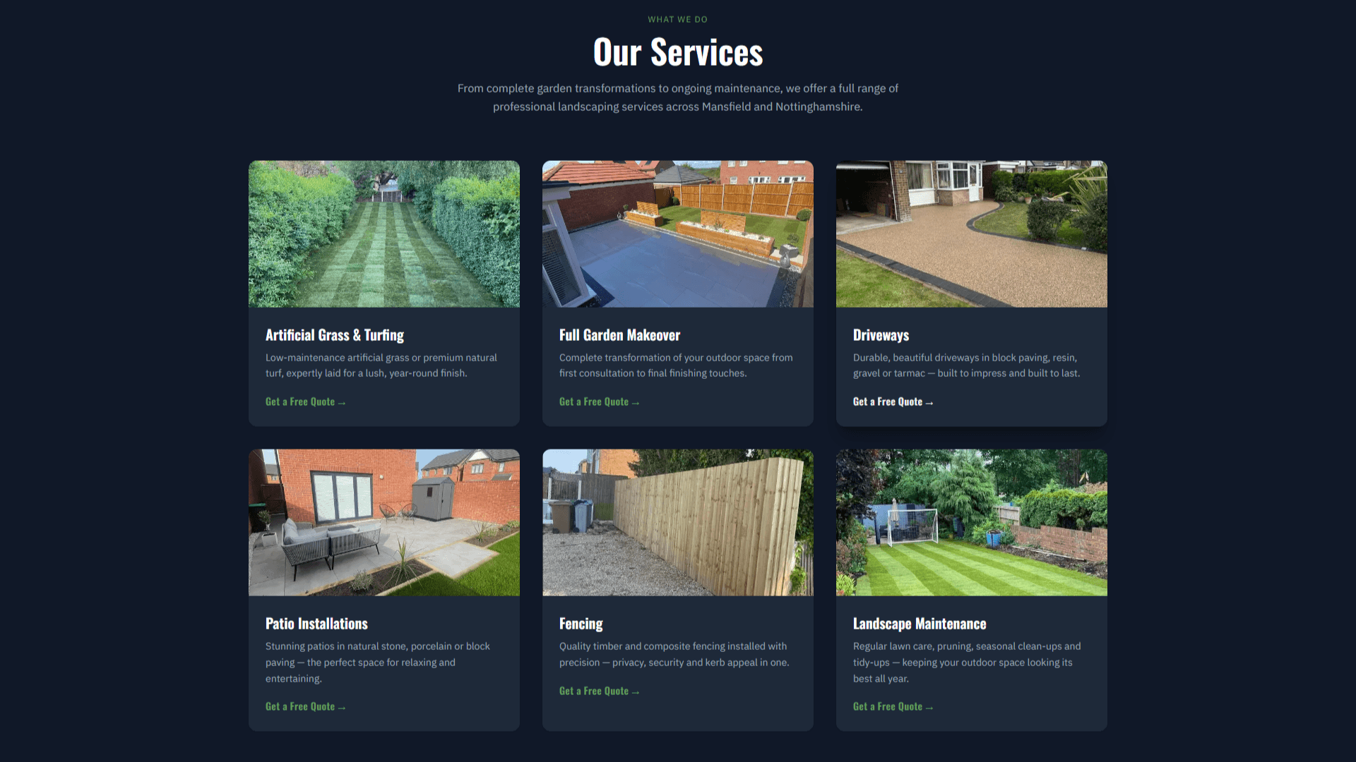 Batchelors Landscapes services page — artificial grass, patios, driveways and garden makeovers