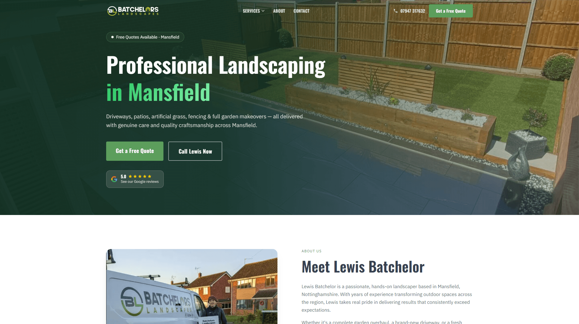Batchelors Landscapes website overview — landscaping and garden services in Mansfield