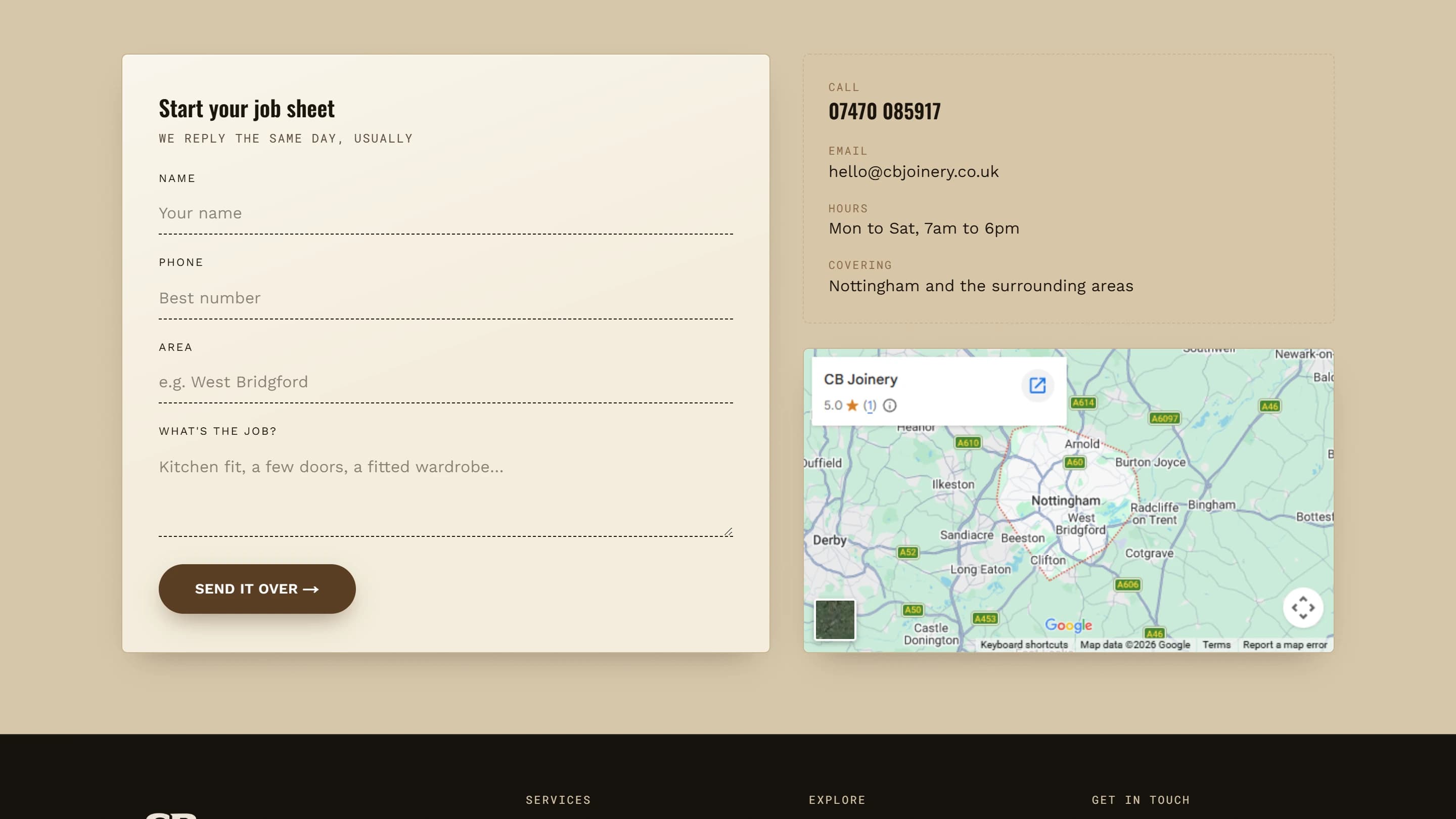 CB Joinery contact page — job sheet enquiry form and coverage map