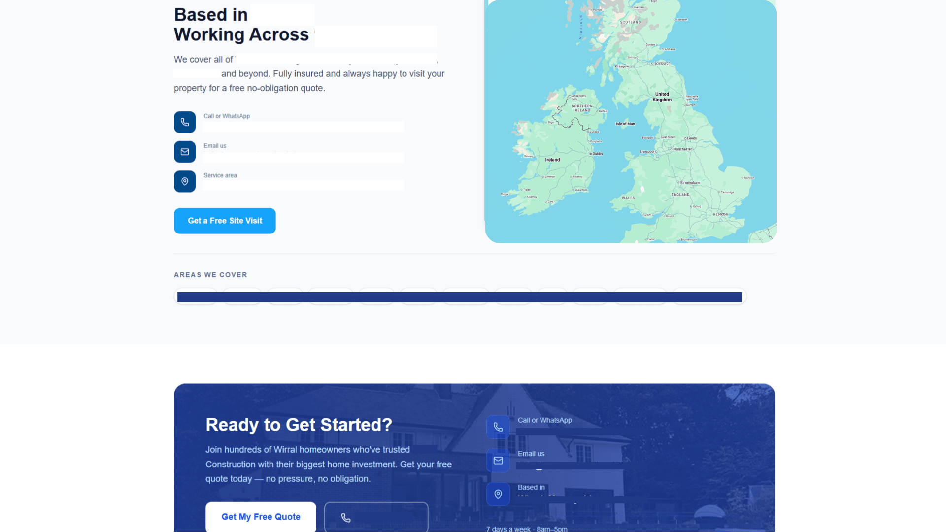 Construction company website — service area section with a UK coverage map