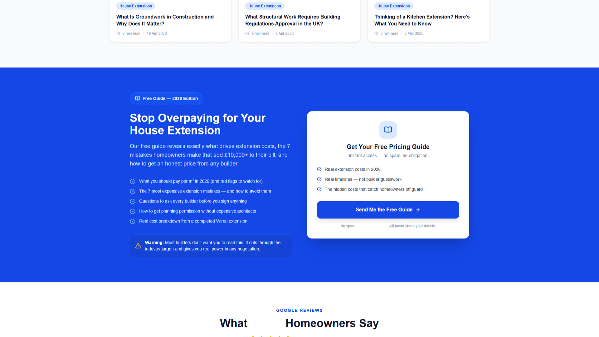 Construction company website — blog articles and a free house extension pricing guide