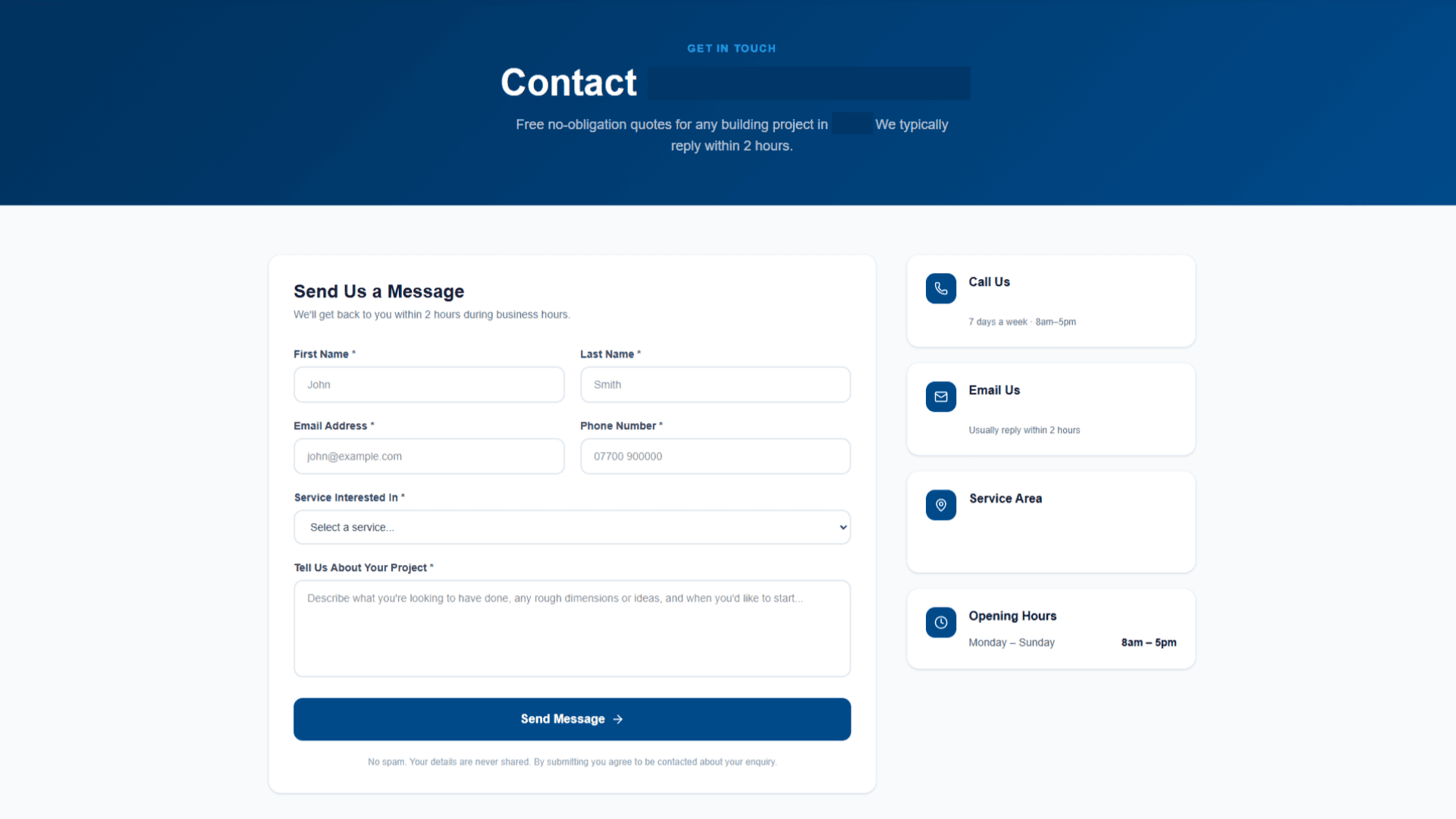 Construction company website — contact page with an enquiry form