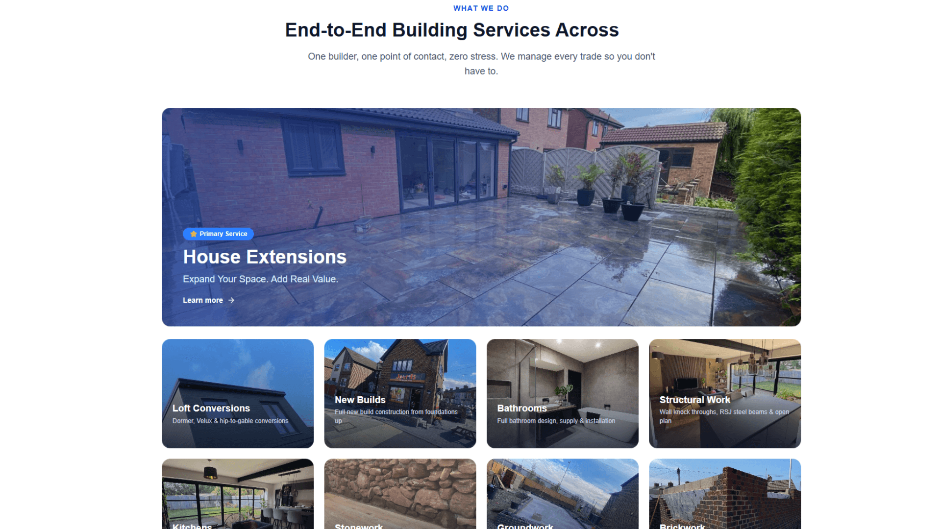 Construction company website — overview of building services from extensions to new builds
