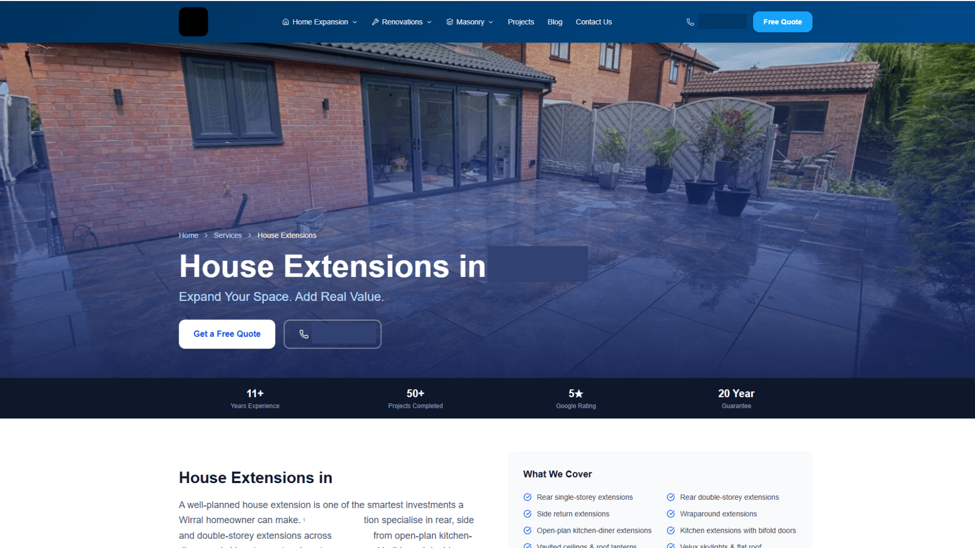 Construction company website — house extensions service page
