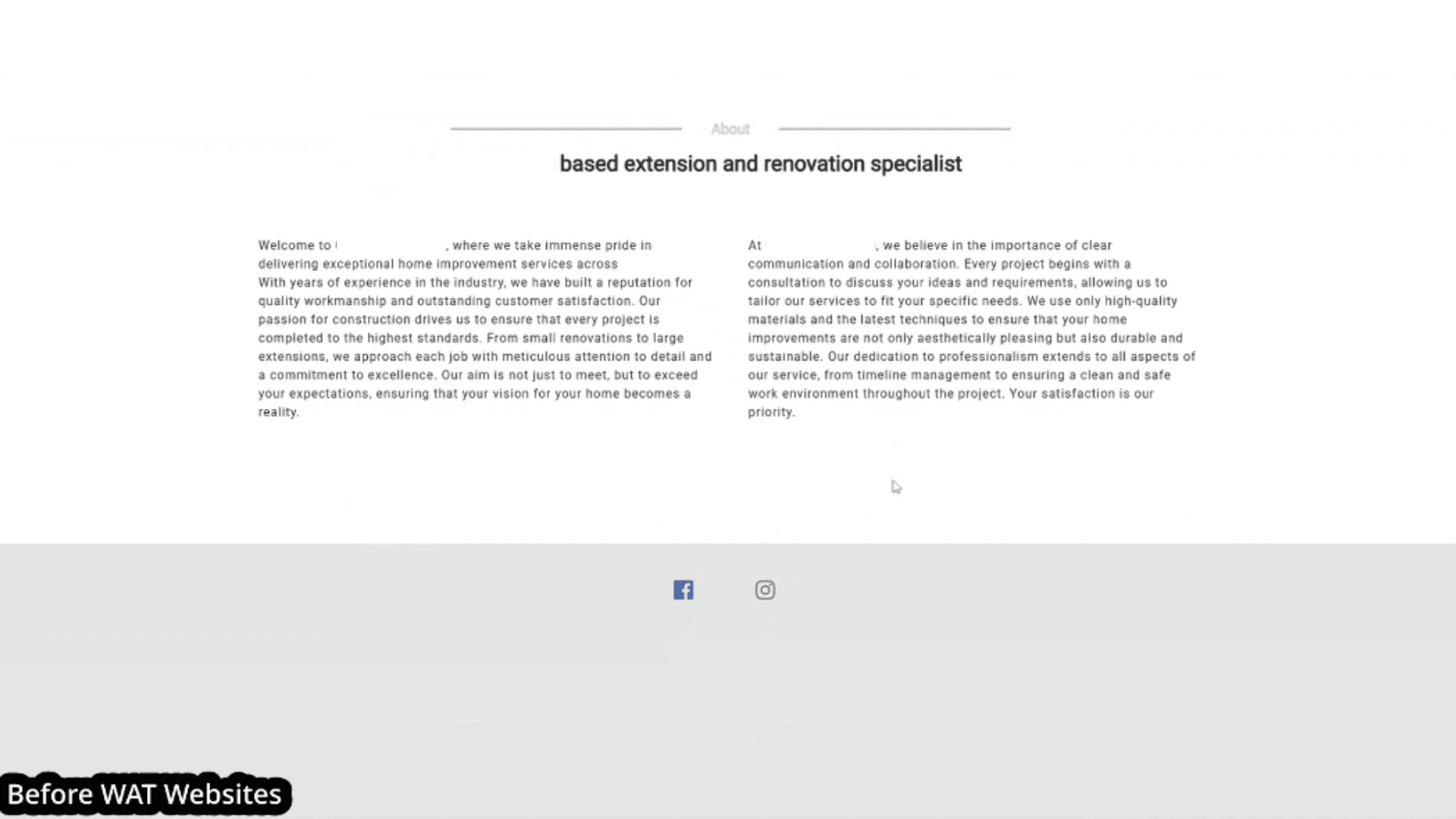 The old construction website — about section before the rebuild