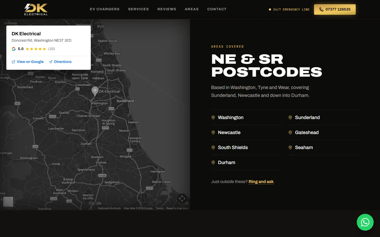 The areas section: NE and SR postcodes, a map and the seven towns he covers from Washington