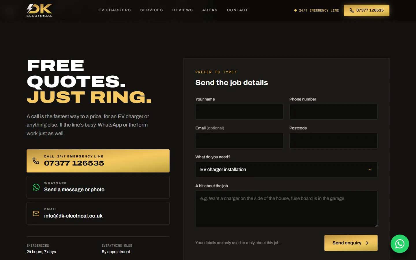 The contact section: free quotes, just ring, with call, WhatsApp, email and a form for anyone who would rather type