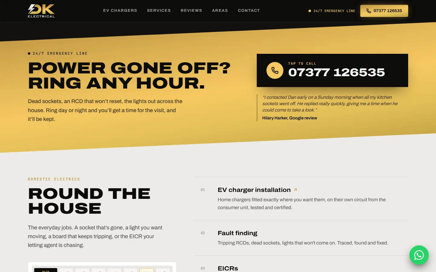 The 24/7 band: power gone off, ring any hour, with a tap to call button and a customer's Google review