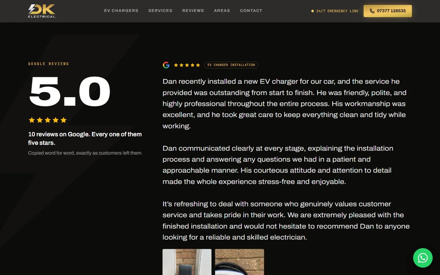 The Google reviews section: 5.0 from ten reviews, every one five stars, copied word for word
