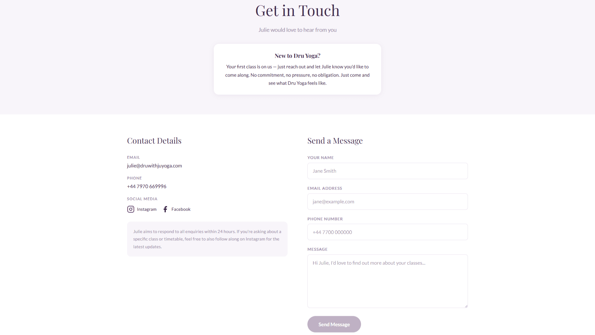 Dru with Ju — contact page and enquiry form