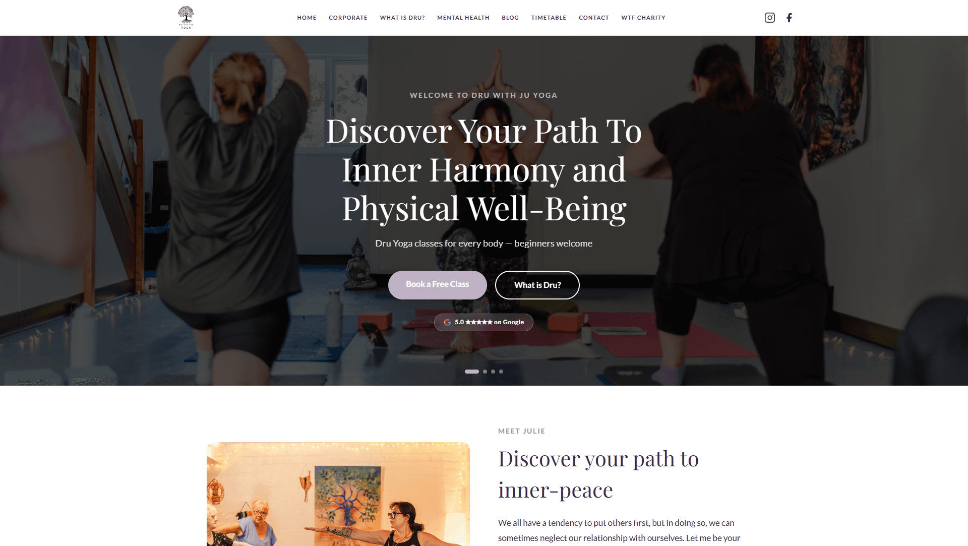 Dru with Ju yoga website homepage hero — Julie Solomon yoga instructor