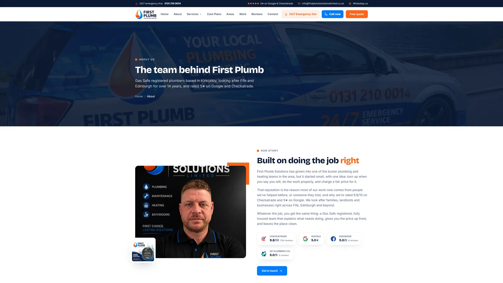 First Plumb about page — the Gas Safe registered team behind the firm