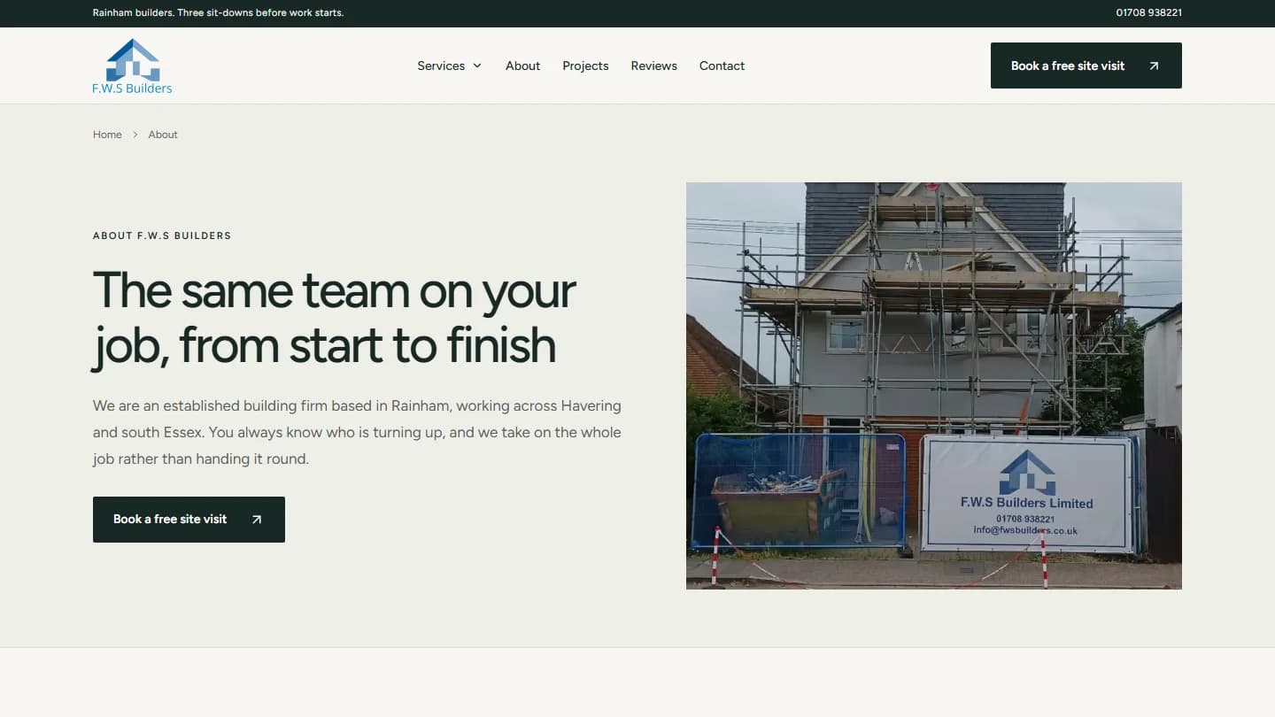 The about page: the same team on your job from start to finish, with the F.W.S branded scaffold