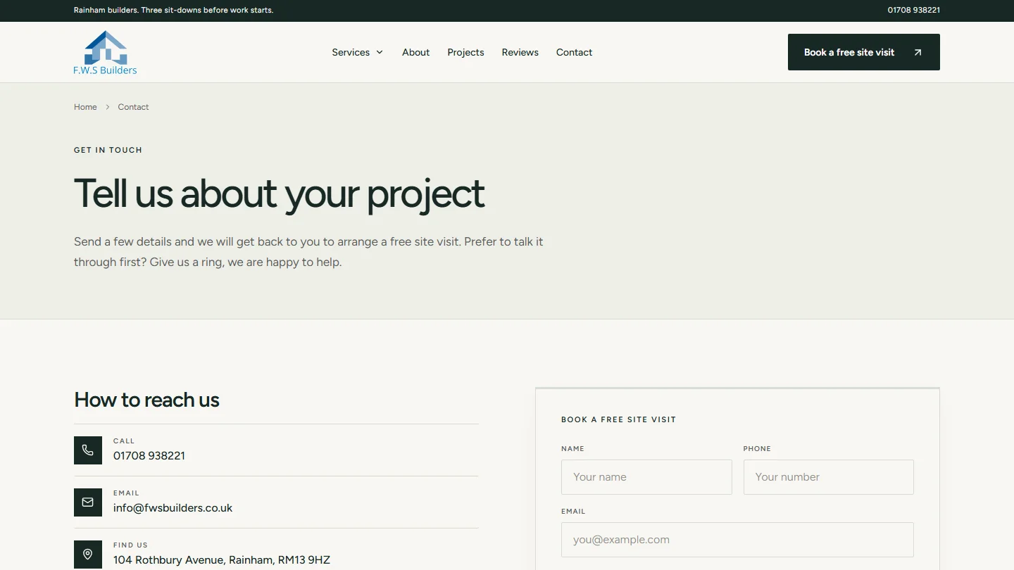 The contact page: tell us about your project, with the phone, email, address and the free site visit form