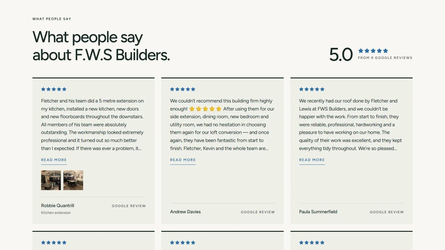 What people say about F.W.S Builders: 5.0 from nine Google reviews, synced from their listing