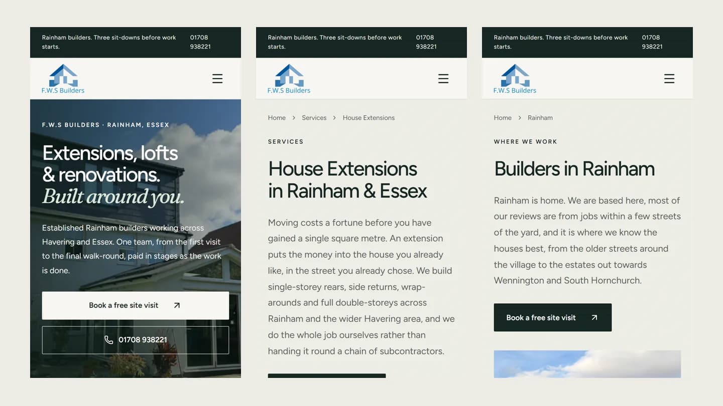The site on a phone: the homepage, the house extensions page and the Rainham area page