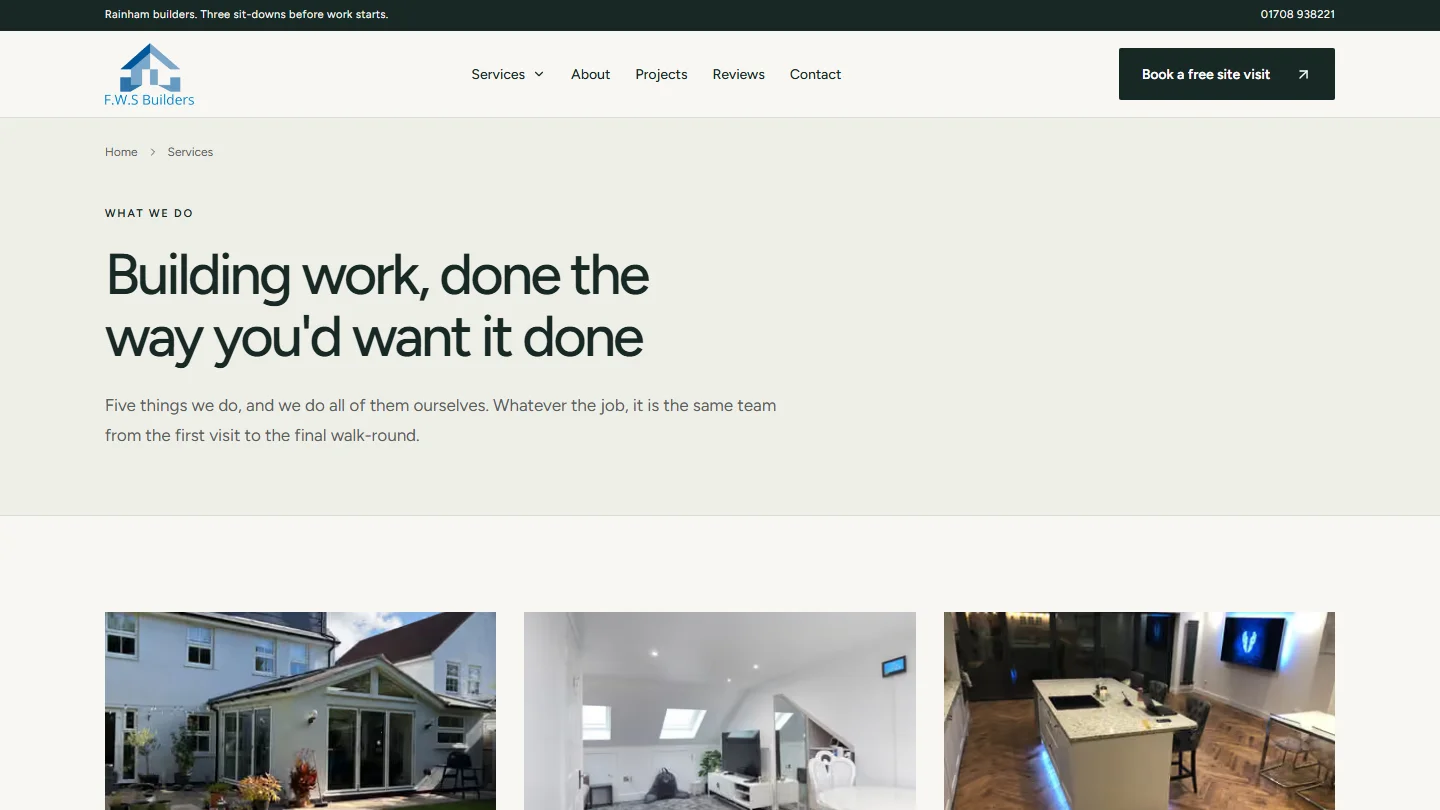 The services index: building work, done the way you would want it done, five services with their own pages