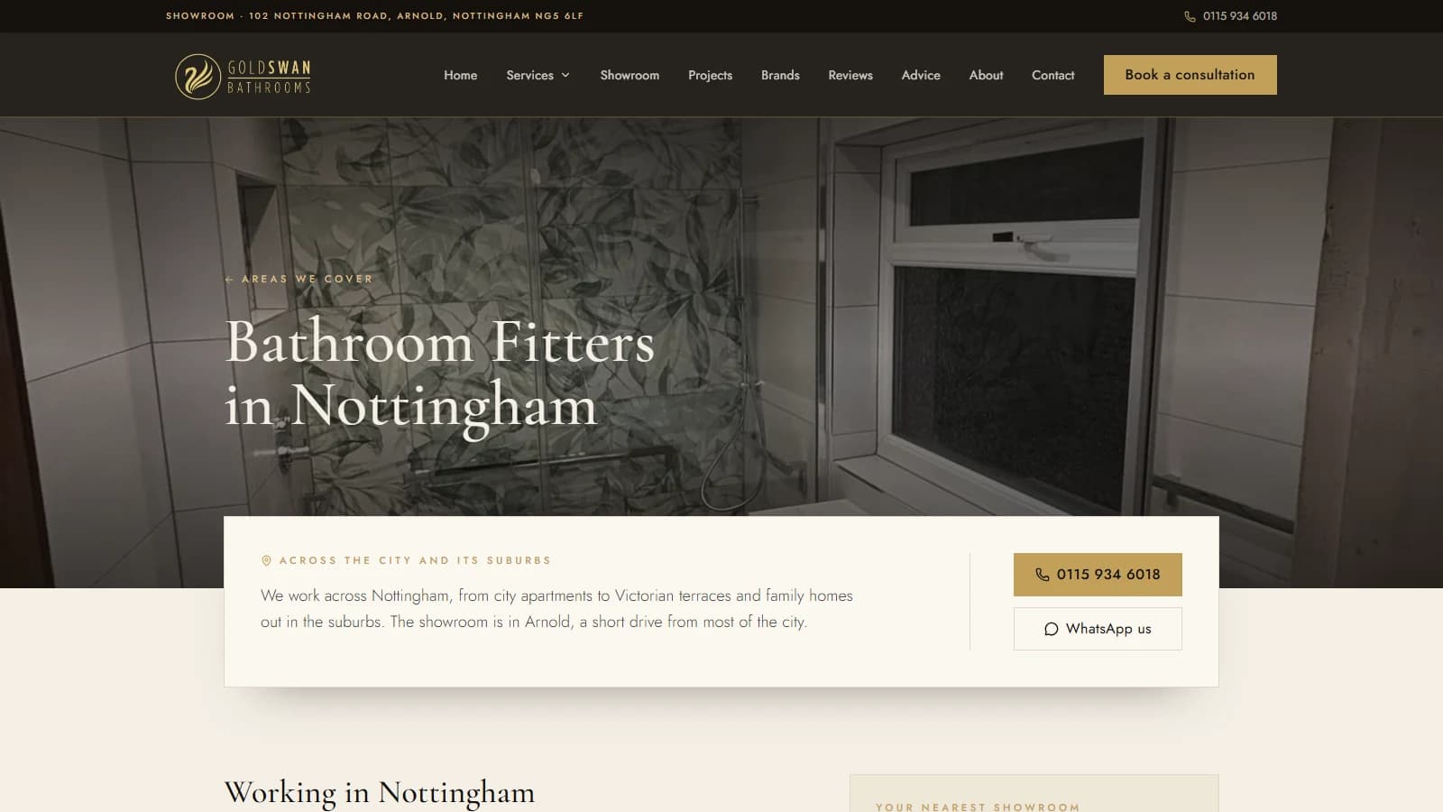 The Goldswan bathroom fitters in Nottingham area page, written for that town rather than duplicated