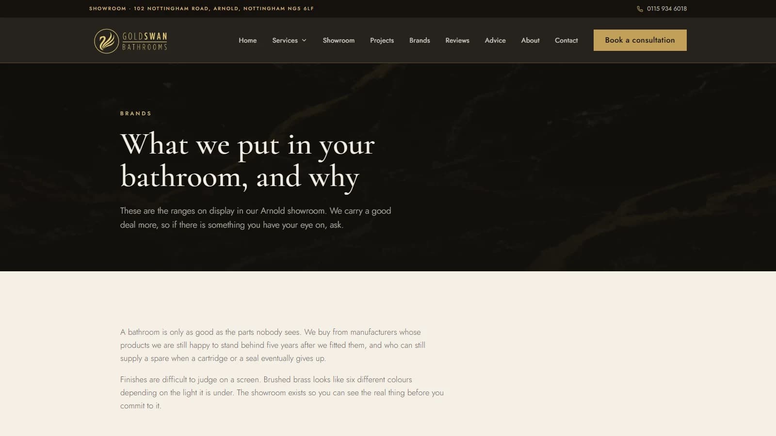 Goldswan brands page explaining what goes into a bathroom and why, with a page per brand