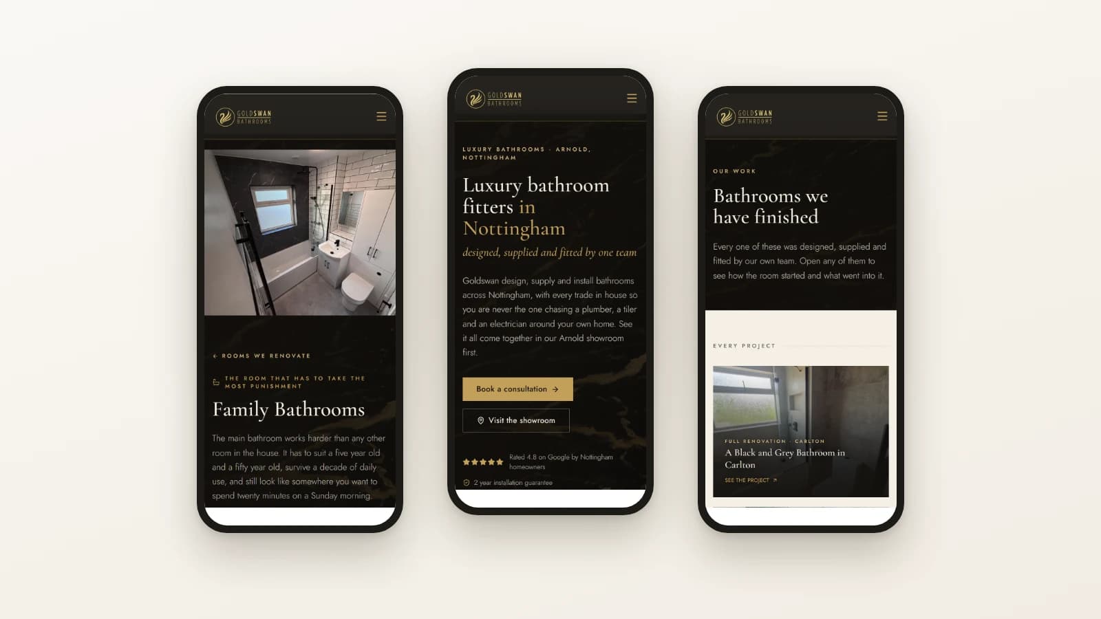 The Goldswan Bathrooms website on mobile, across the homepage, a service page and the projects index