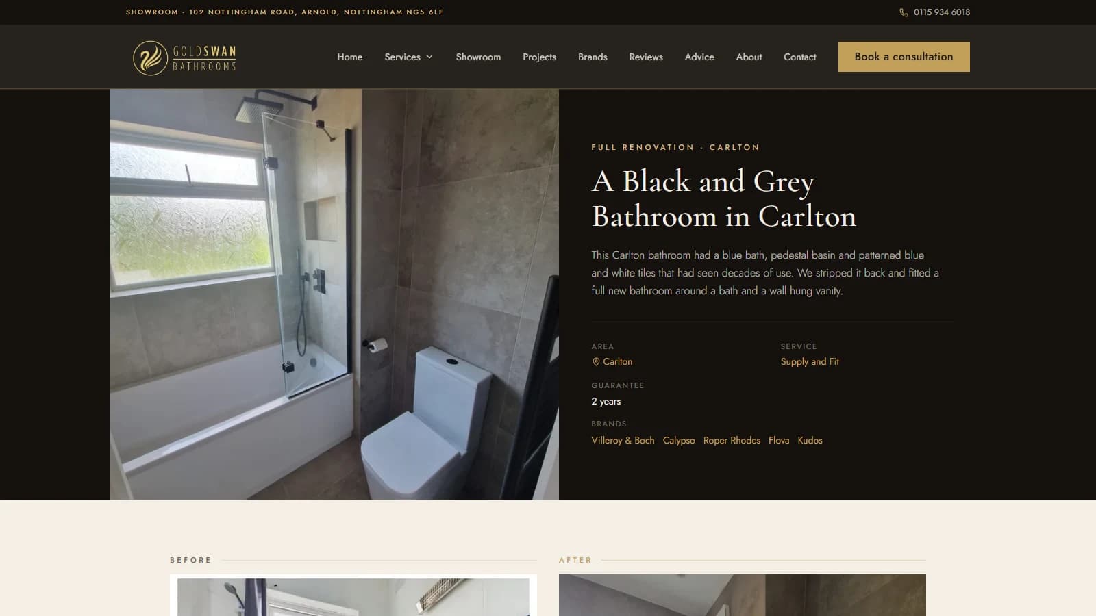 A Goldswan project page showing the area, service, guarantee and brands used on the job