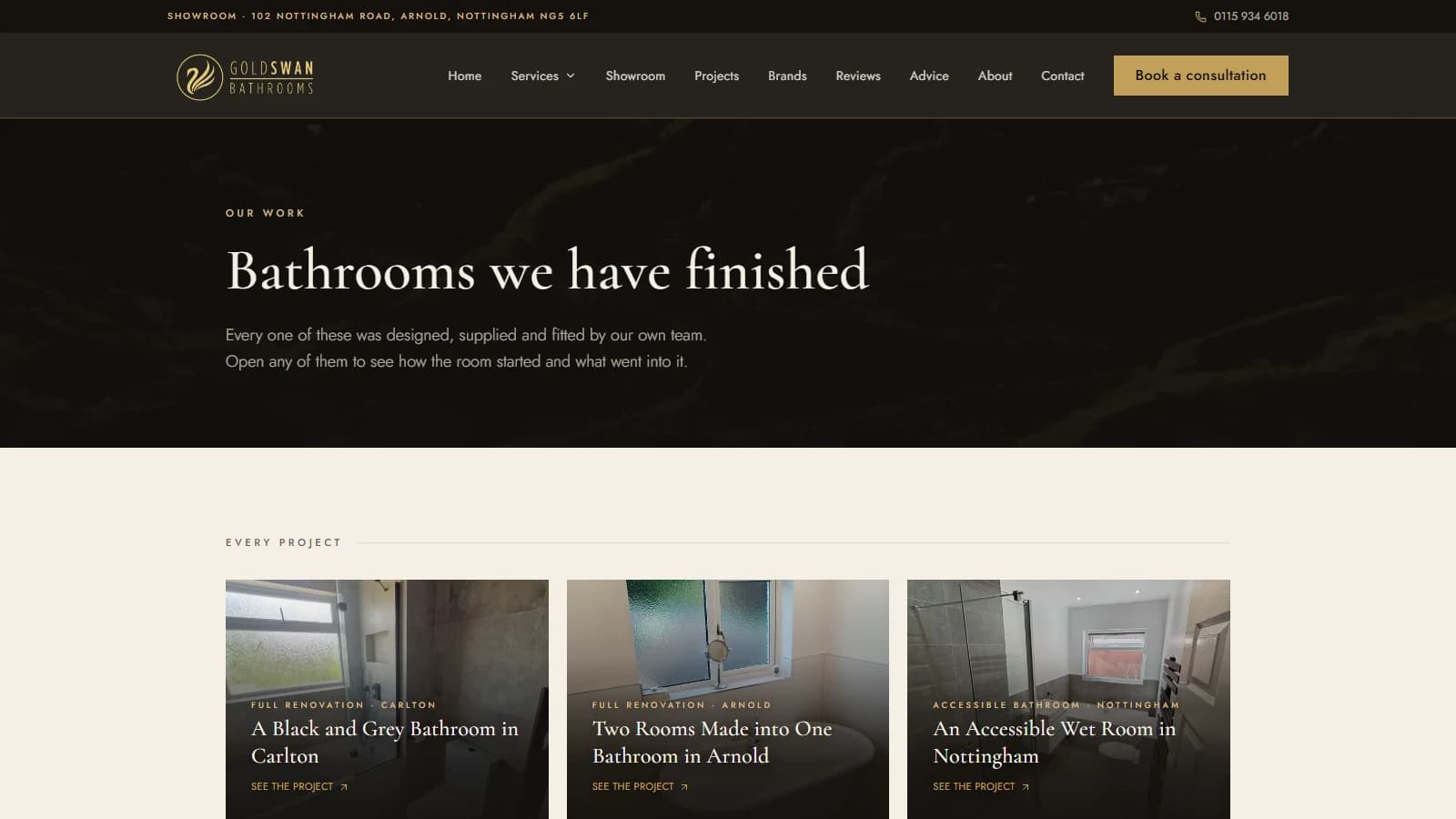The Goldswan projects index, every finished bathroom with its own case study page