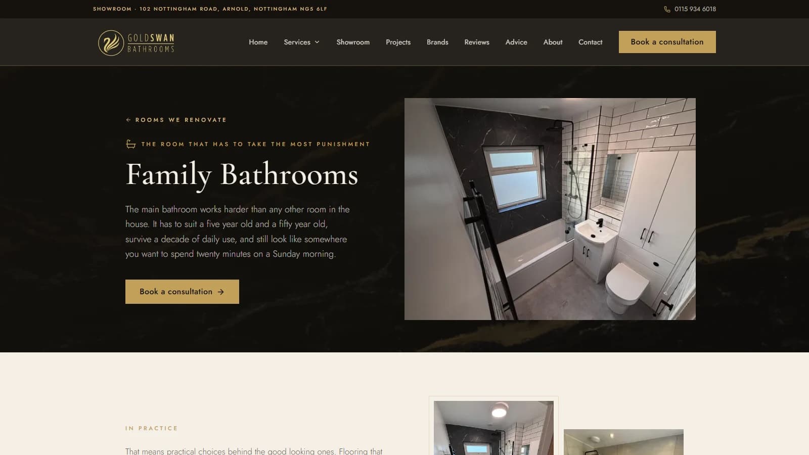 The Goldswan family bathrooms service page, one of nine rooms with a page of its own