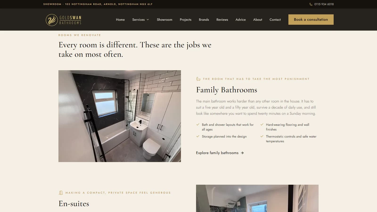 The Goldswan services index, showing a section for each room they renovate