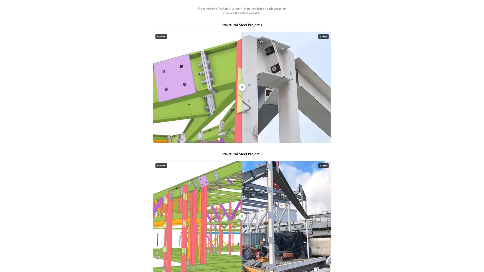 KN Technical before and after slider — 3D steel model through to finished structure