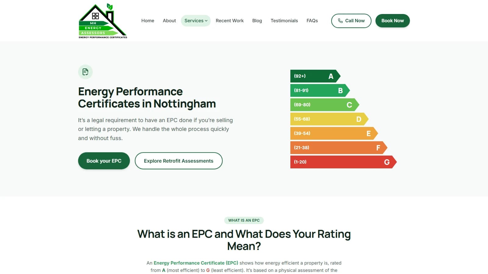 MH Energy Assessors EPC service page with the A to G energy rating scale