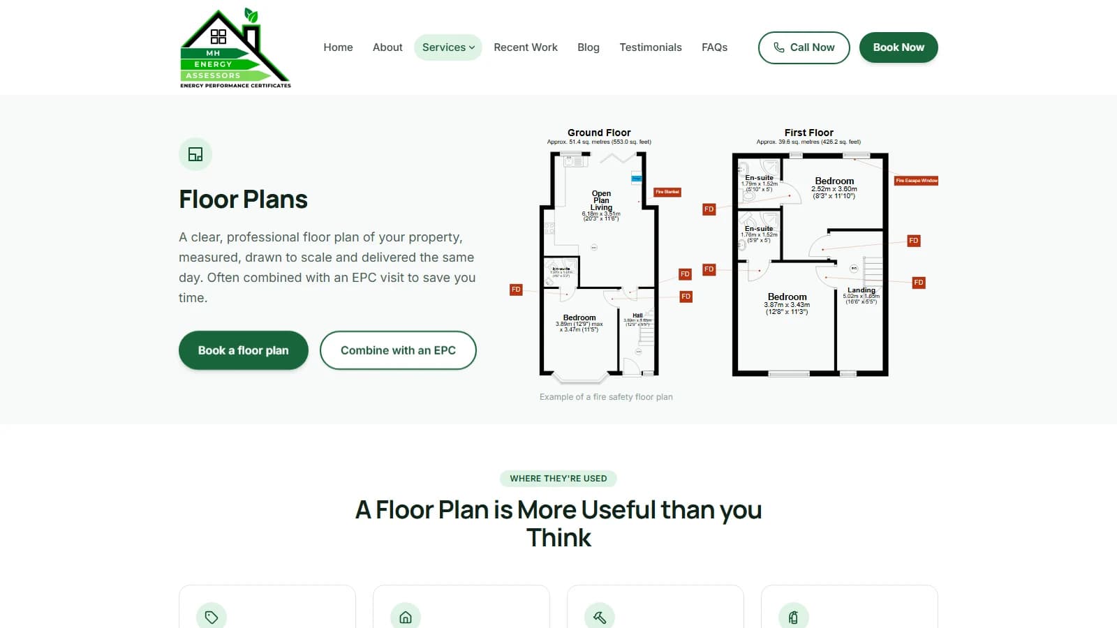 MH Energy Assessors floor plan page with a scaled fire safety floor plan example