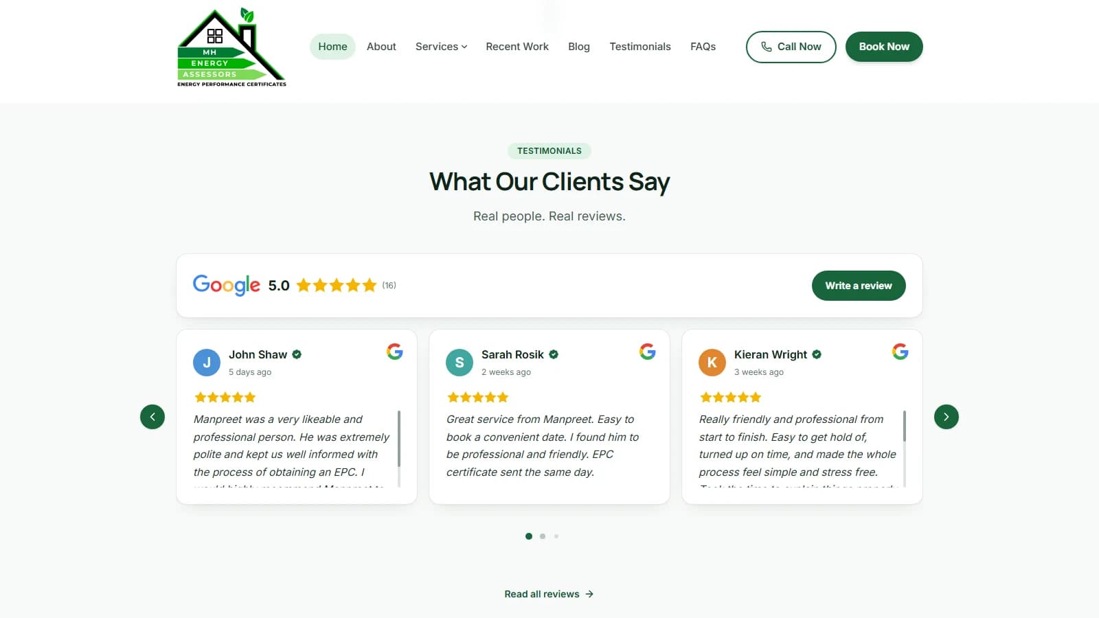 MH Energy Assessors testimonials section showing the 5.0 Google rating and real reviews