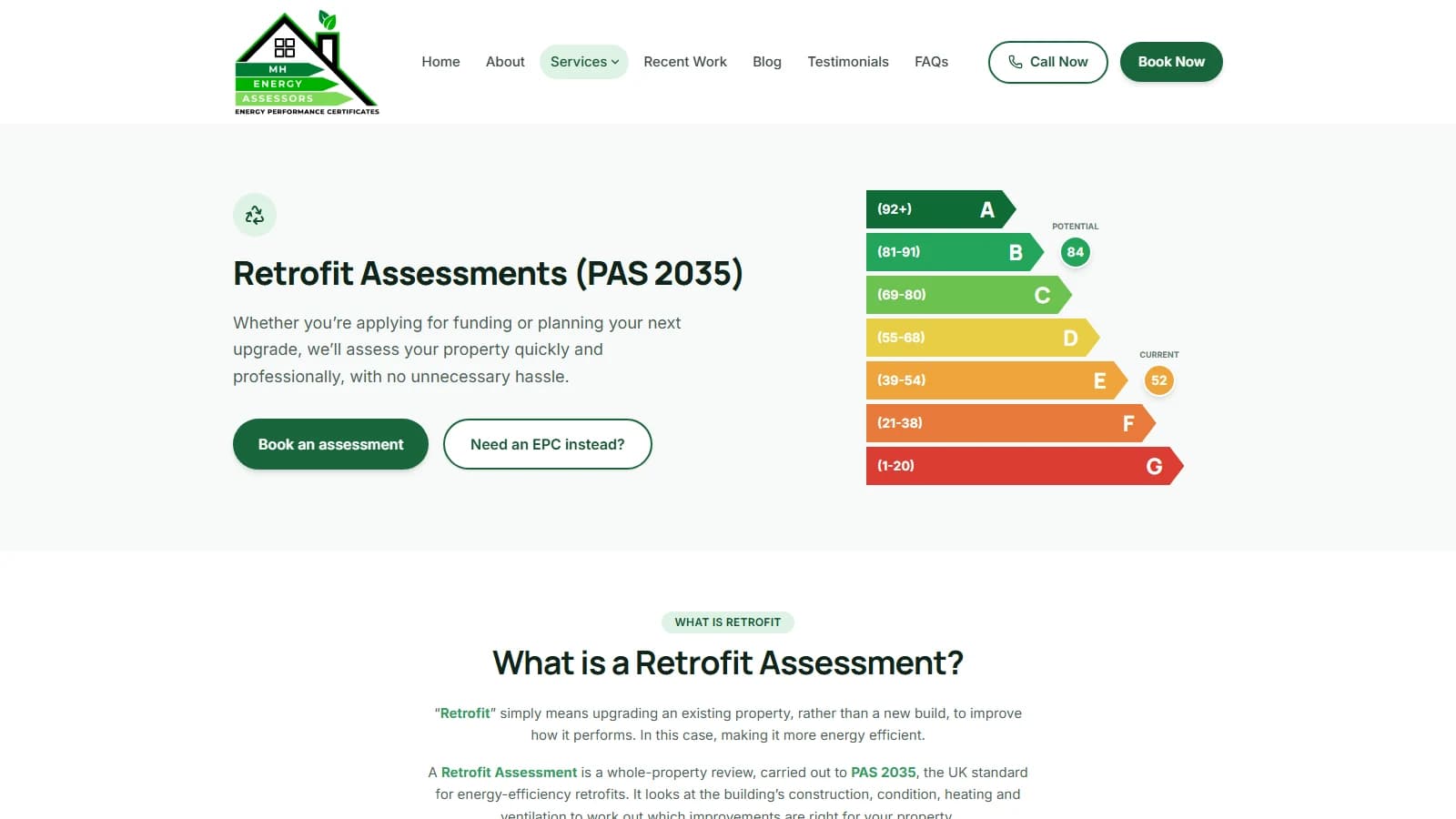 MH Energy Assessors PAS 2035 retrofit assessment page showing current and potential ratings