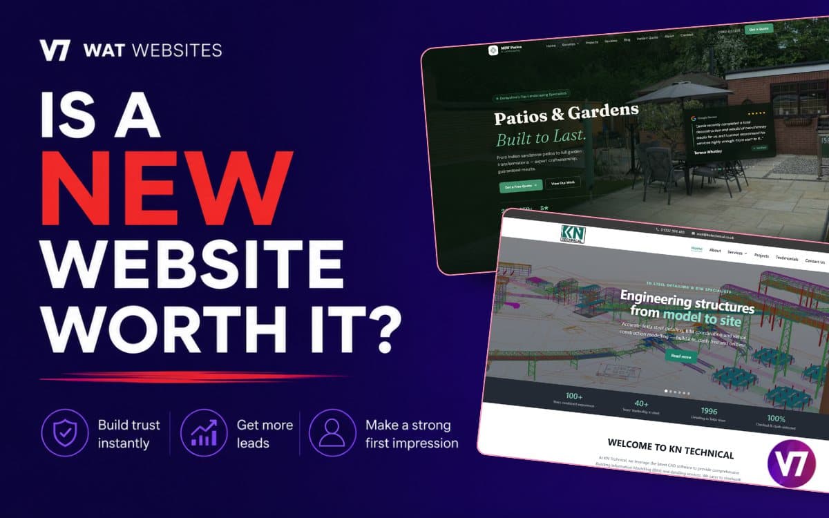 Is a new website worth it: two real WAT Websites client homepages, MIW Patios and KN Technical, shown as browser mockups on a purple background