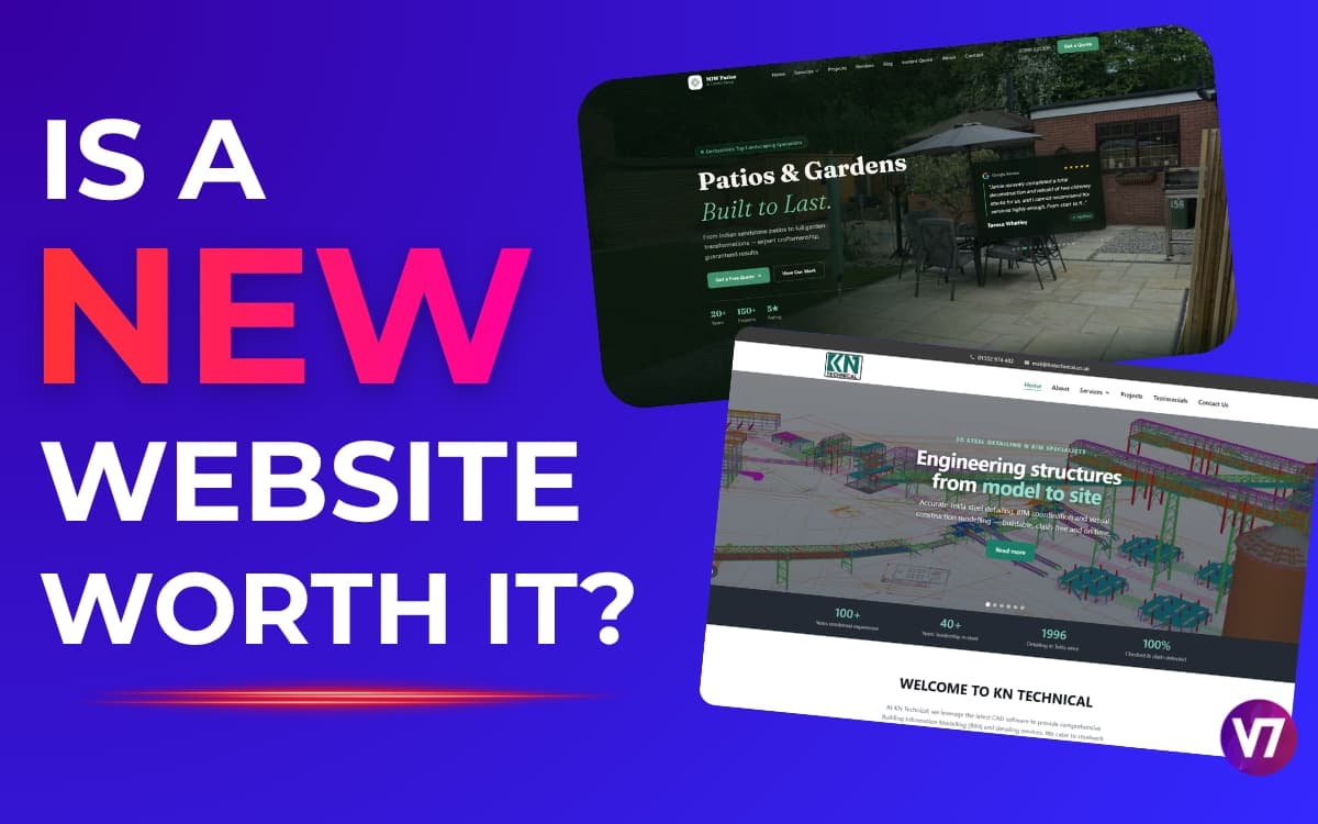 Is a new website worth it: two real WAT Websites client homepages, MIW Patios & Landscaping and KN Technical, shown as browser mockups on a purple background