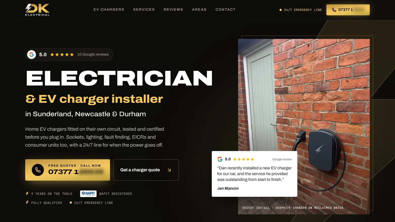 The DK Electrical website WAT Websites built, with his phone number as the first button and his Google reviews in the hero