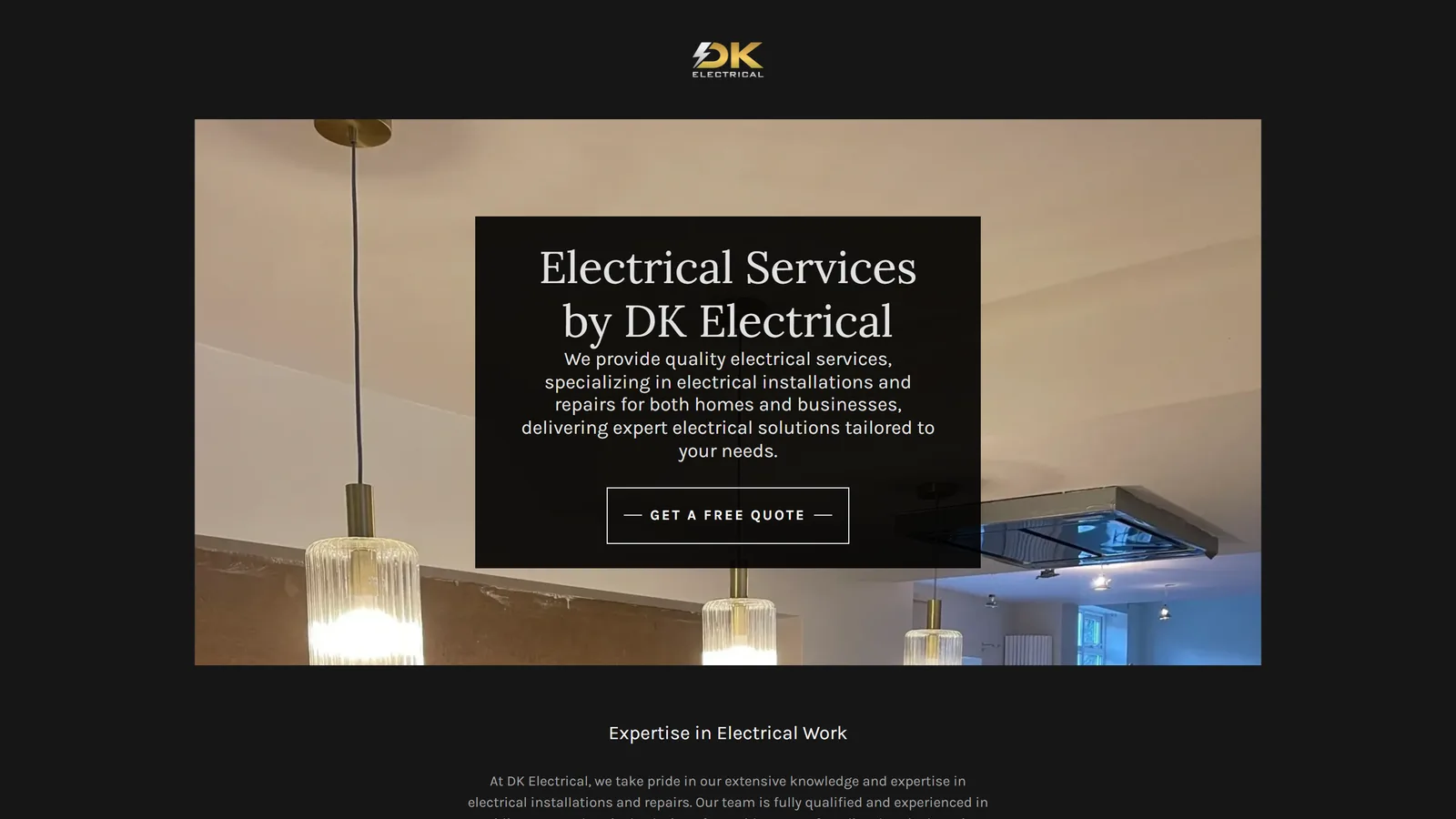 DK Electrical's previous website: a single Get a free quote button and no phone number on screen